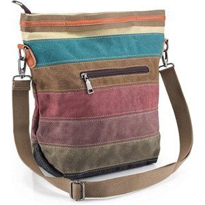Canvas Handbag Striped Lattice Cross Body Shoulder Purse Bag Tote-Handbag